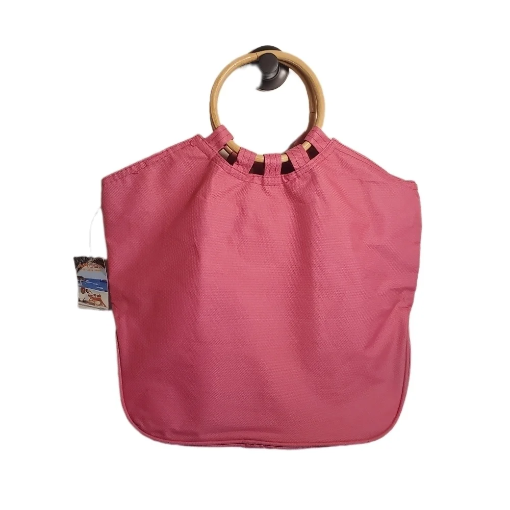 Aruba Canvas Tote with Wood Handles Pink with Colorful Embroidery NWT